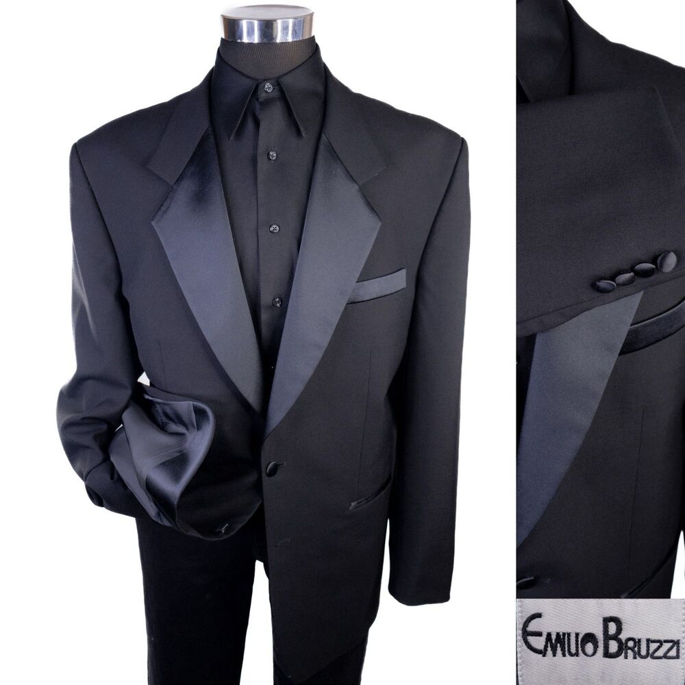 VTG Emilio Bruzzi Black Wool Tuxedo Jacket Men's 46L Party/Cocktail Wedding Prom